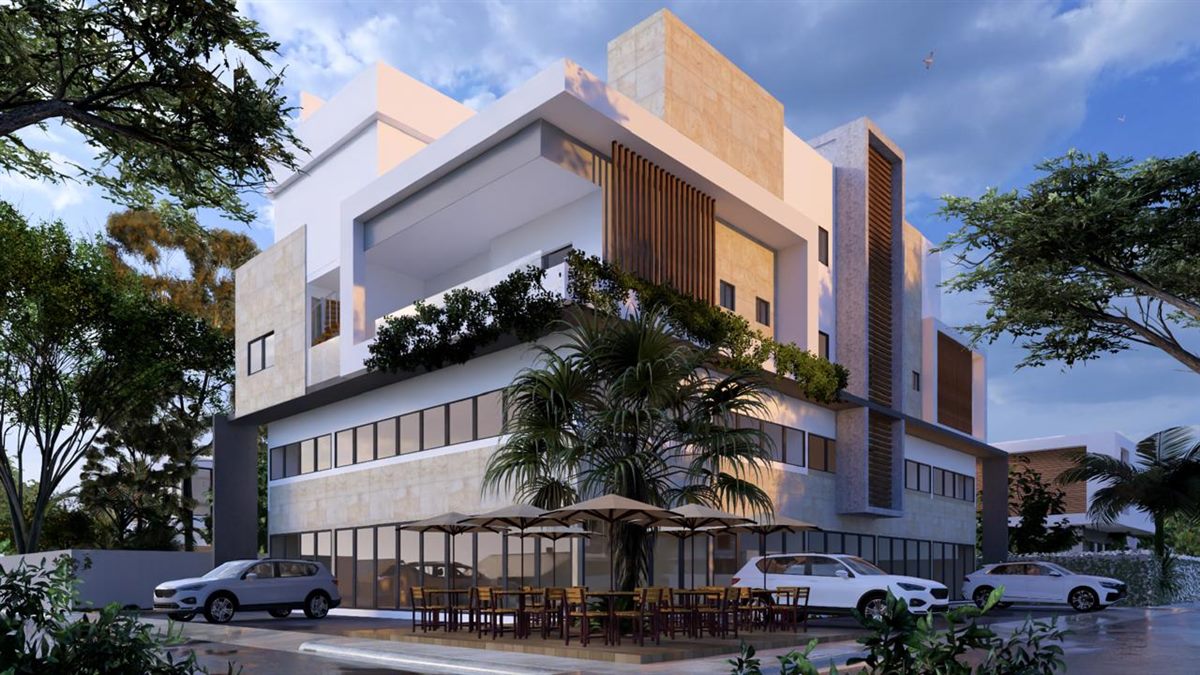 Render de fachada de edificio residencial y comercial moderno — Constructora Grade, Punta Cana