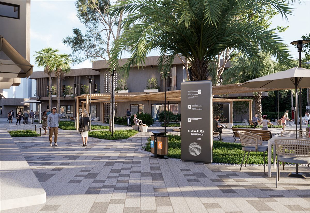 Render de la plaza comercial Serena Plaza — espacios peatonales y comercios — Constructora Grade