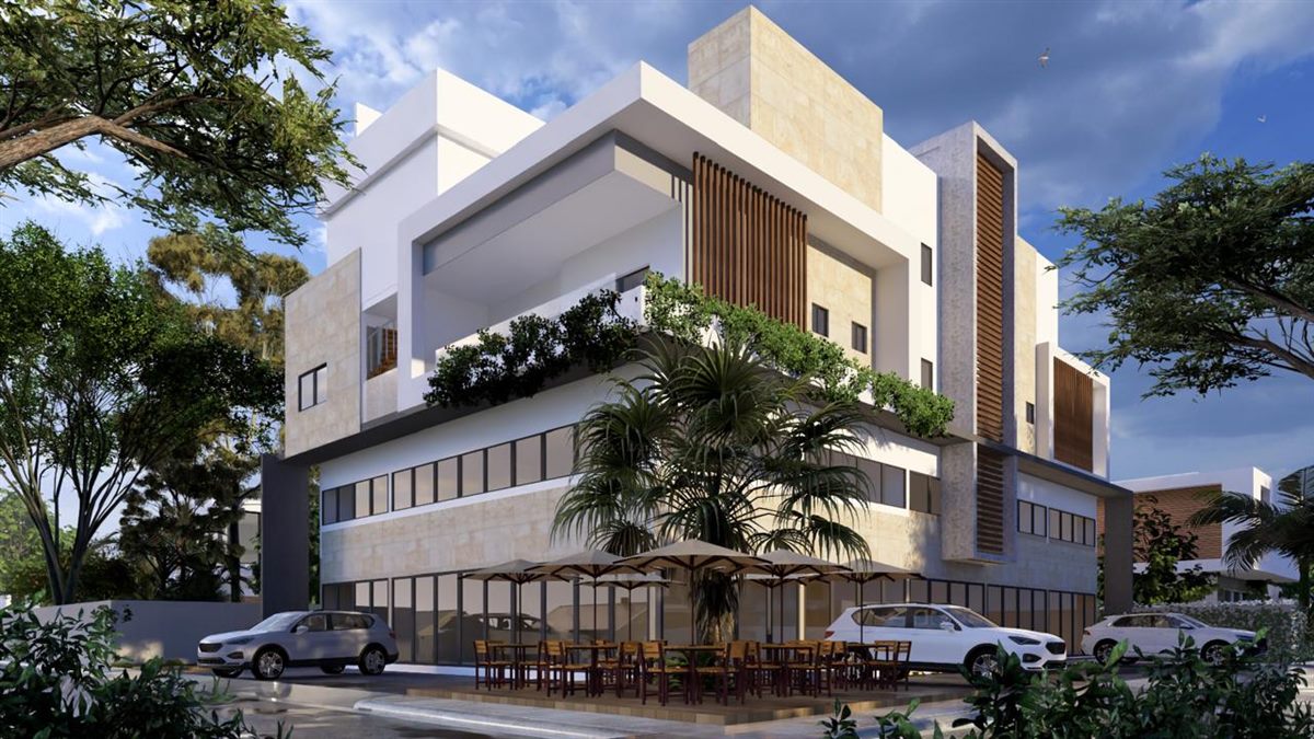 Render de portón de acceso monumental con revestimiento en madera — proyecto residencial Grade
