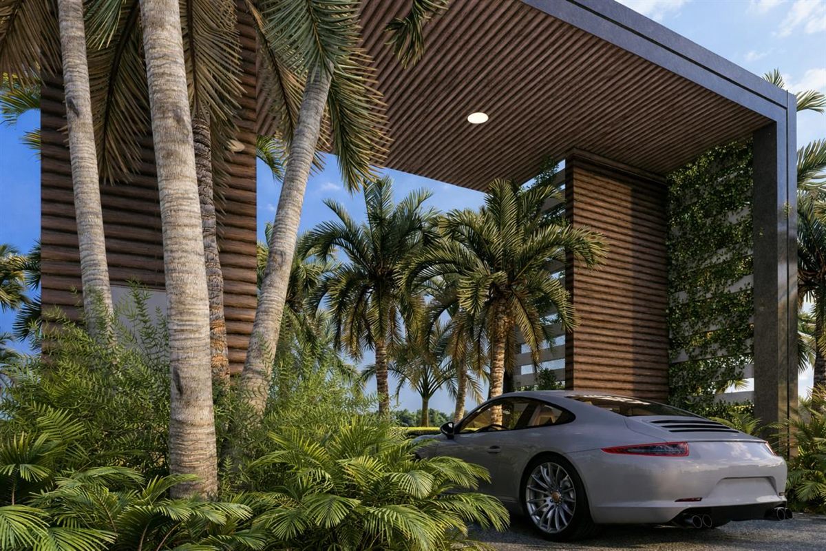 Render de entrada residencial con marquesina y palmeras tropicales — Grade