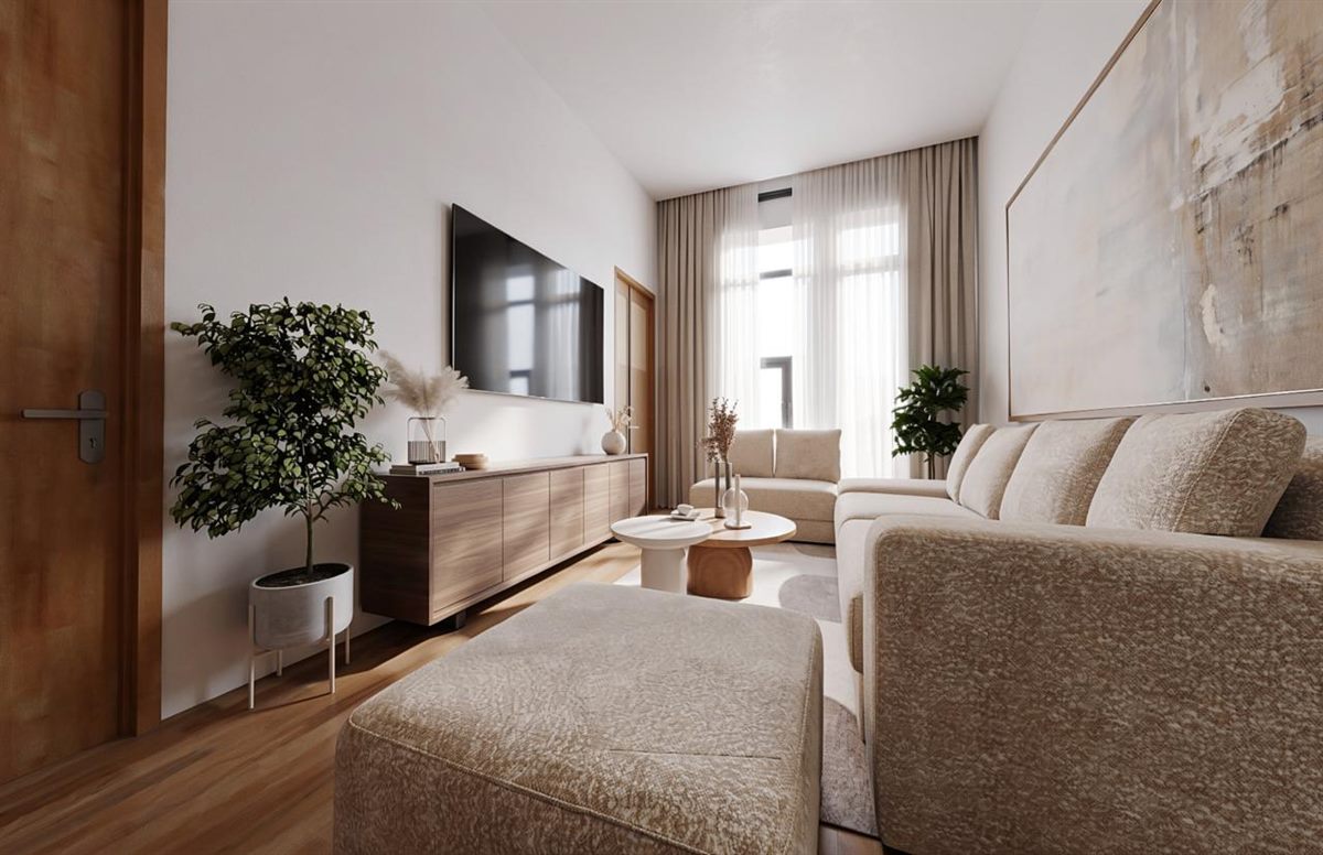 Render de sala de estar con iluminación natural — proyecto residencial Grade