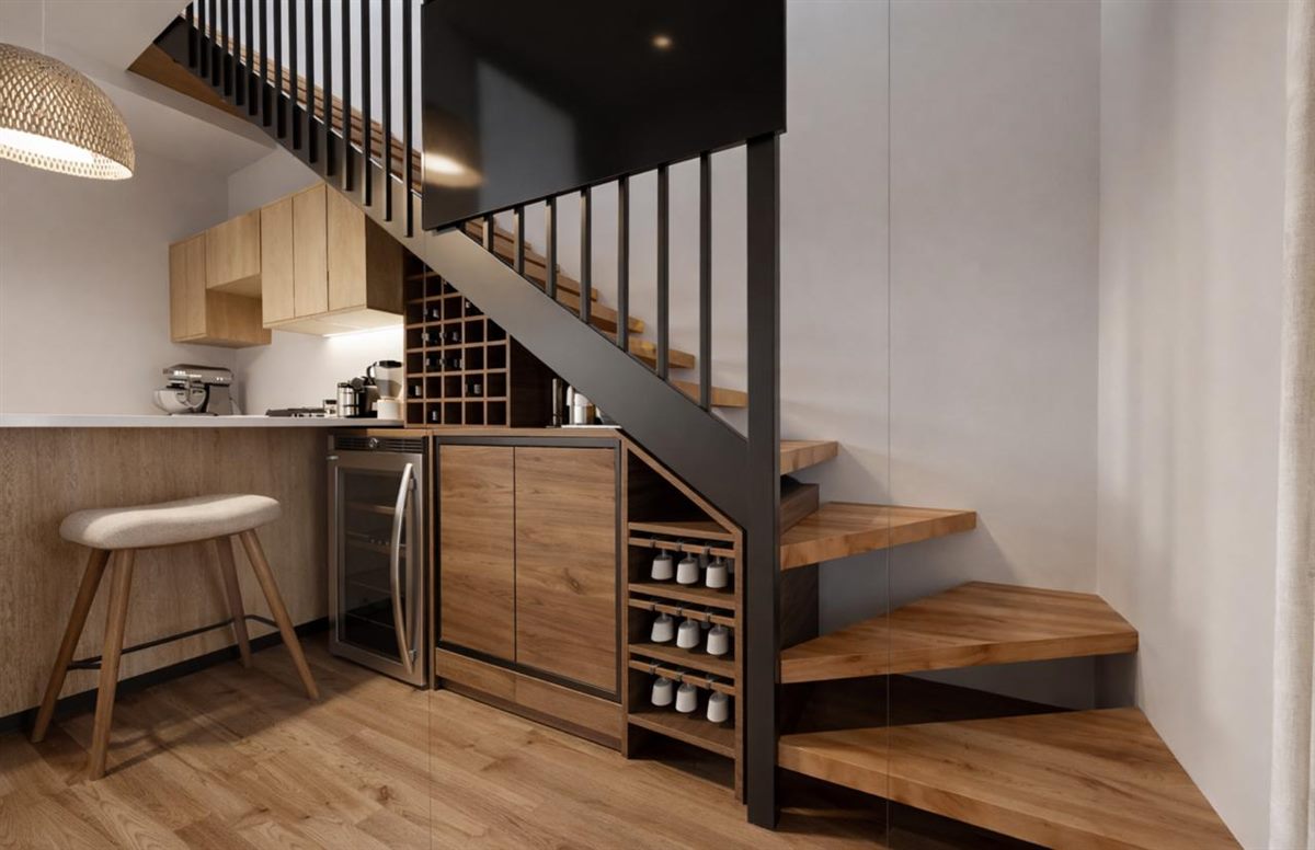 Render de cocina moderna con escalera interior y bodega de vinos — Grade