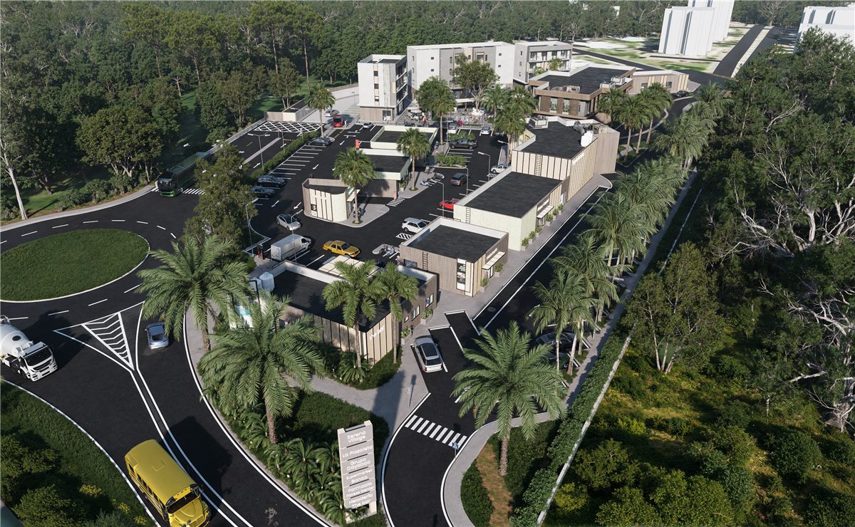 Render aéreo del conjunto Serena Plaza — plaza comercial y residencial en Bávaro — Constructora Grade